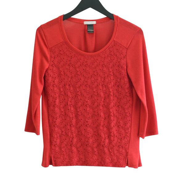 Kate & Henry Tops - Red Lace Front Top with 3/4 Sleeve Scoop Neck - Stretchy Festive Shirt